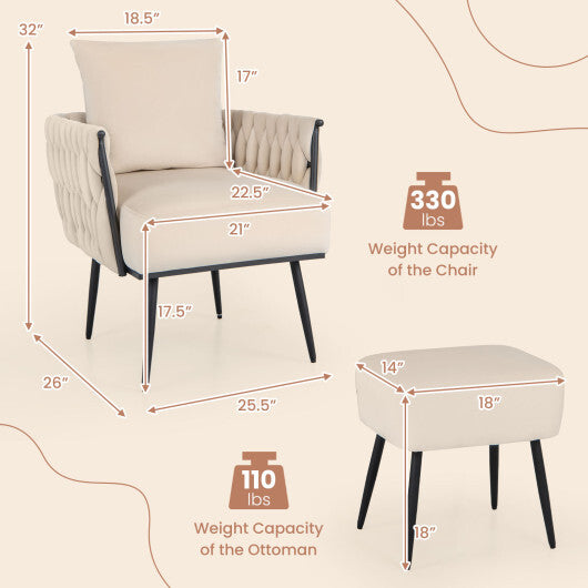 Modern Dutch Velvet Accent Chair and Ottoman Set with Weaved Back and Arms-White