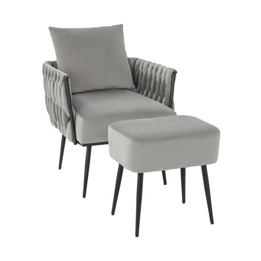 Modern Dutch Velvet Accent Chair and Ottoman Set with Weaved Back and Arms-White