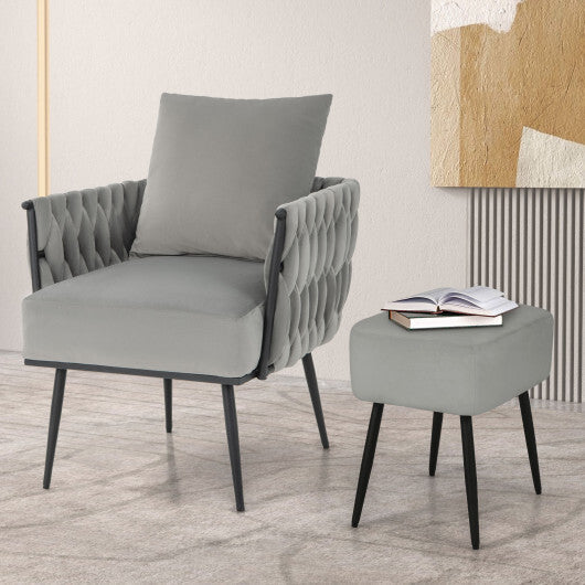 Modern Dutch Velvet Accent Chair and Ottoman Set with Weaved Back and Arms-White