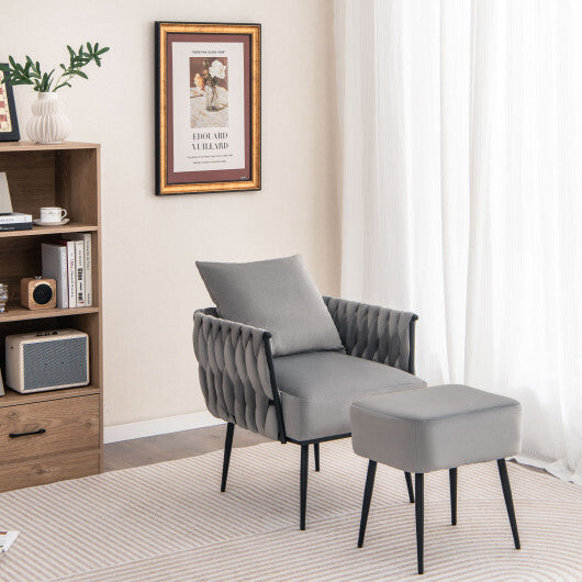 Modern Dutch Velvet Accent Chair and Ottoman Set with Weaved Back and Arms-White