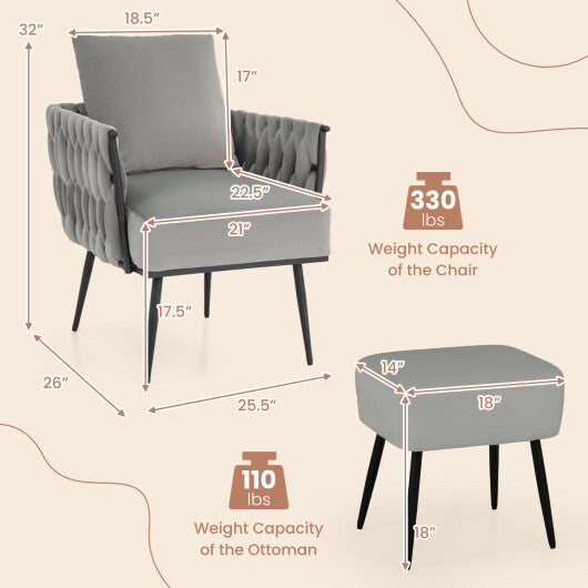 Modern Dutch Velvet Accent Chair and Ottoman Set with Weaved Back and Arms-White