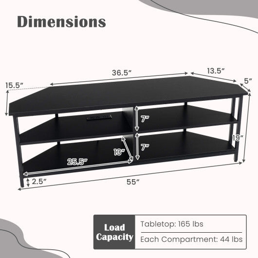 3-Tier Corner TV Stand for TVs up to 65 Inches with Charging Station-Black