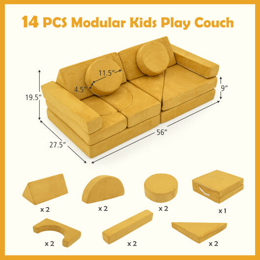 14 PCS Modular Kids Play Couch for Playroom and Bedroom-Gray
