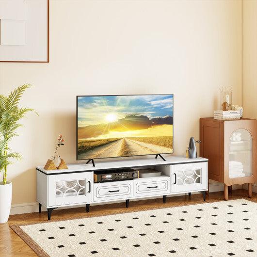 Farmhouse TV Stand for TVs up to 80 Inch with 2 Drawers-Oak and Gray