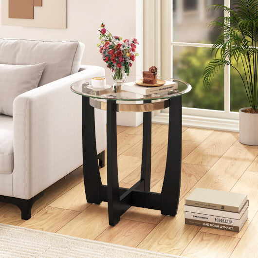 24 Inches Round Side Table with Tempered Glass Top and Solid Rubber Wood Base-Black