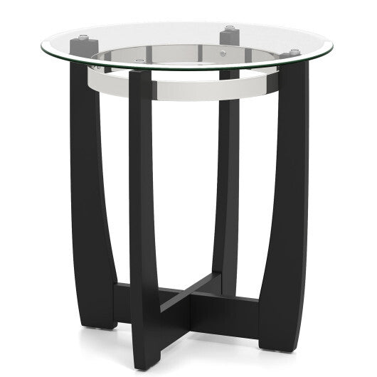 24 Inches Round Side Table with Tempered Glass Top and Solid Rubber Wood Base-Black