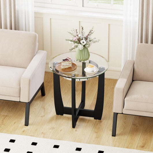 24 Inches Round Side Table with Tempered Glass Top and Solid Rubber Wood Base-Black