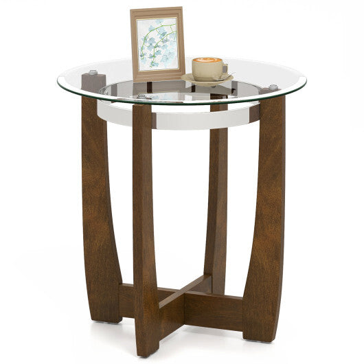 24 Inches Round Side Table with Tempered Glass Top and Solid Rubber Wood Base-Black