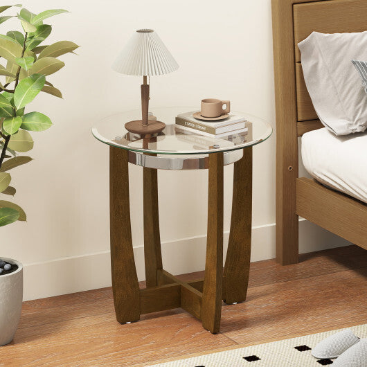 24 Inches Round Side Table with Tempered Glass Top and Solid Rubber Wood Base-Black
