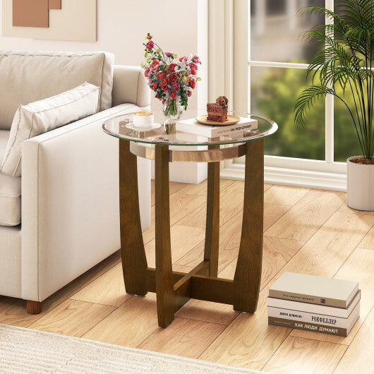 24 Inches Round Side Table with Tempered Glass Top and Solid Rubber Wood Base-Black