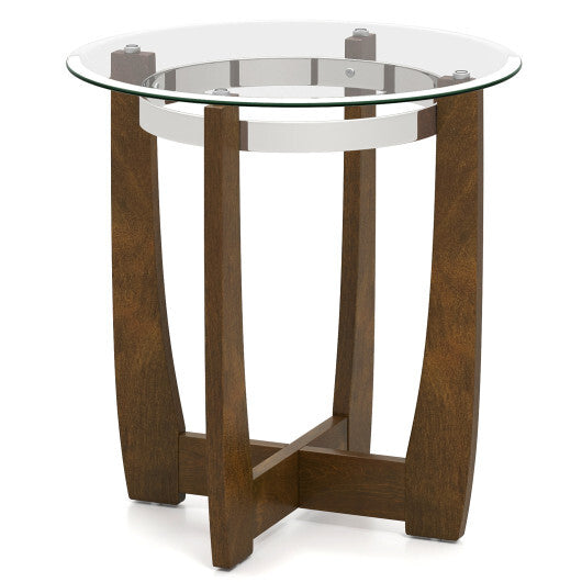 24 Inches Round Side Table with Tempered Glass Top and Solid Rubber Wood Base-Black