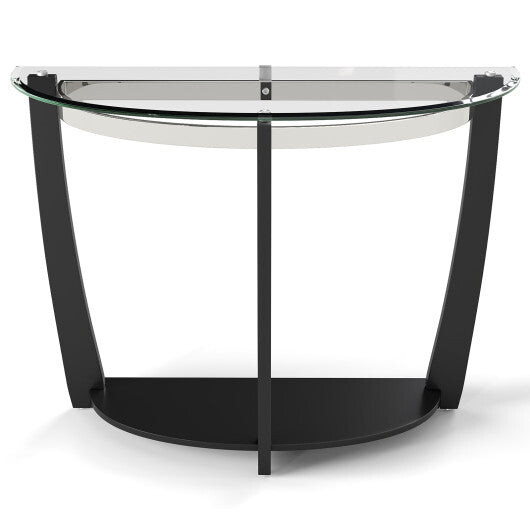 2-tier Tempered Glass Console Table with Clear Glass Top and Open Shelf-Black