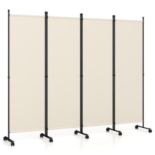 4-Panel Room Divider with Lockable Wheels for Living Room-Beige