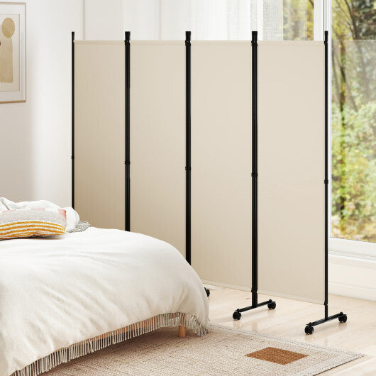 4-Panel Room Divider with Lockable Wheels for Living Room-Beige