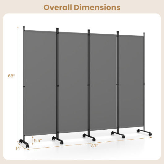 4-Panel Room Divider with Lockable Wheels for Living Room-Beige