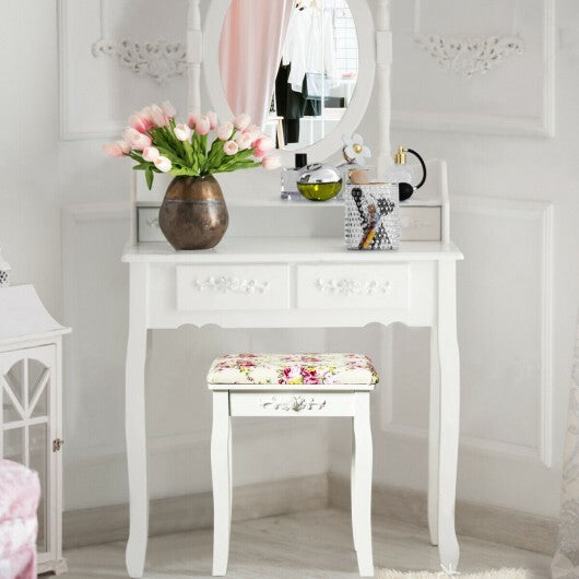Vanity Wood Dressing Stool Padded Piano Seat with Rose Cushion-White