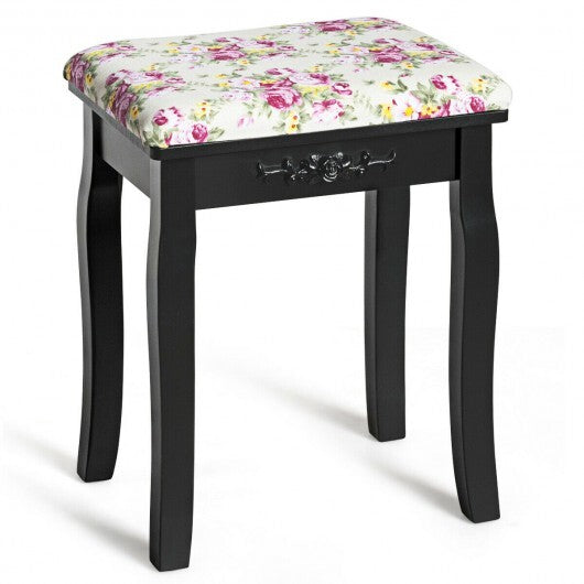 Vanity Wood Dressing Stool Padded Piano Seat with Rose Cushion-White