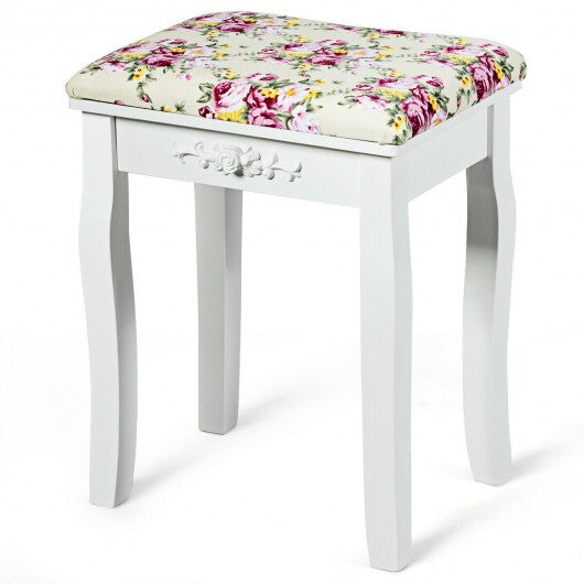 Vanity Wood Dressing Stool Padded Piano Seat with Rose Cushion-White