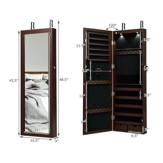 Lockable Wall Mount Mirrored Jewelry Cabinet with LED Lights-White