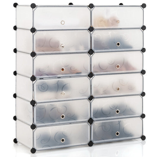 12-Cube DIY Portable Plastic Shoe Rack with Transparent Doors-Black