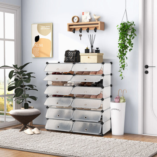 12-Cube DIY Portable Plastic Shoe Rack with Transparent Doors-Black