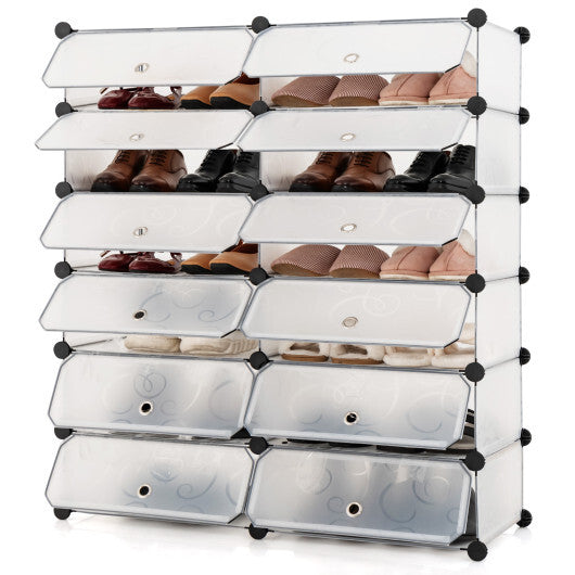 12-Cube DIY Portable Plastic Shoe Rack with Transparent Doors-Black