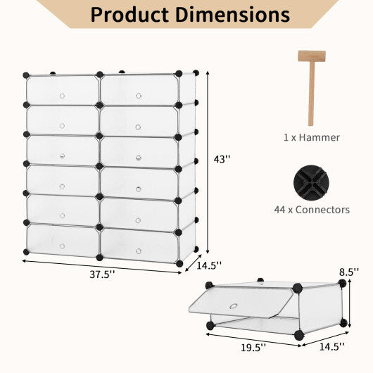 12-Cube DIY Portable Plastic Shoe Rack with Transparent Doors-Black