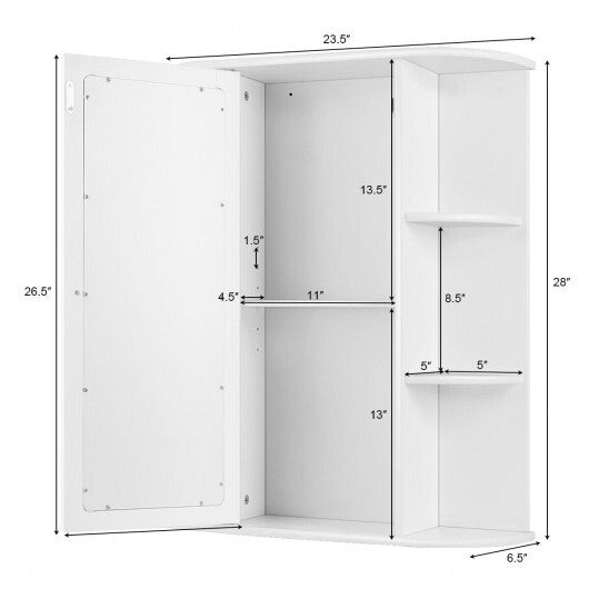 Mirrored Bathroom Medicine Cabinet with Single Mirror Door and Adjustable Shelf-White