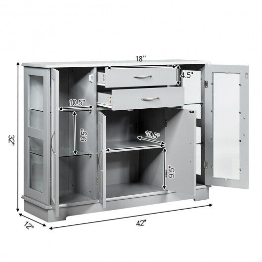 Sideboard Buffet Server Storage Cabinet with 2 Drawers and Glass Doors-White