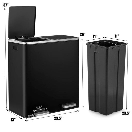 16 Gallon Dual Step Trash Can Recycling Double Bucket Pedal-Silver
