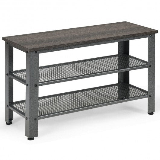 3-Tier Shoe Rack Industrial Shoe Bench with Storage Shelves-Brown