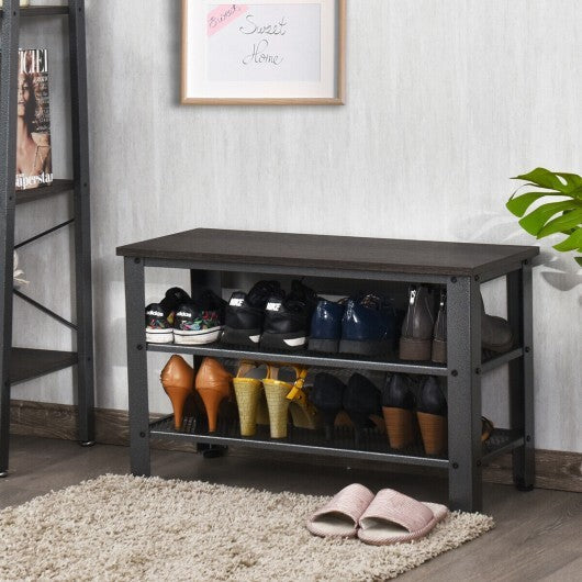 3-Tier Shoe Rack Industrial Shoe Bench with Storage Shelves-Brown