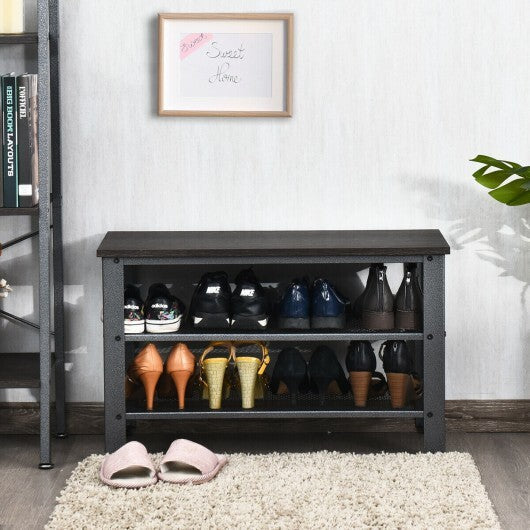 3-Tier Shoe Rack Industrial Shoe Bench with Storage Shelves-Brown