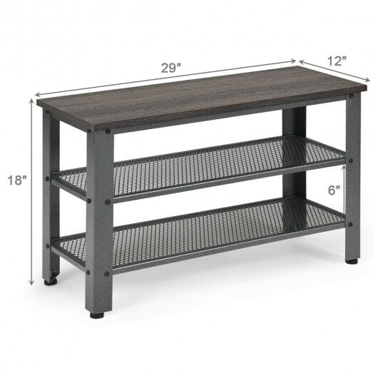 3-Tier Shoe Rack Industrial Shoe Bench with Storage Shelves-Brown