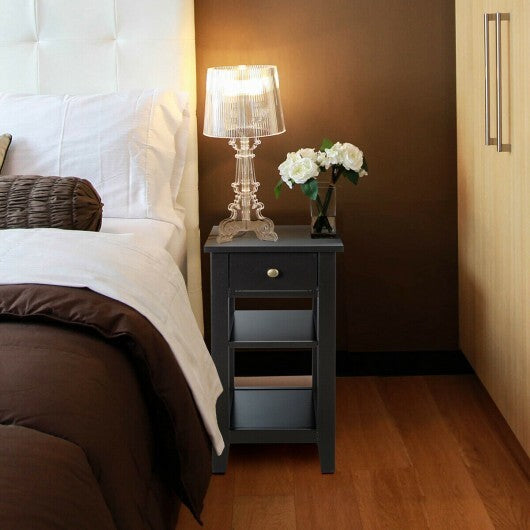 3-Tier Nightstand Bedside Table Sofa Side with Double Shelves Drawer-White