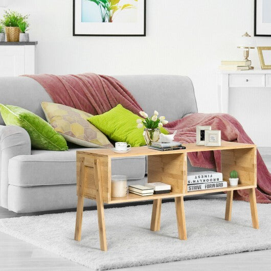 2 Pieces Bamboo Nightstand Sofa Table with Storage Shelf