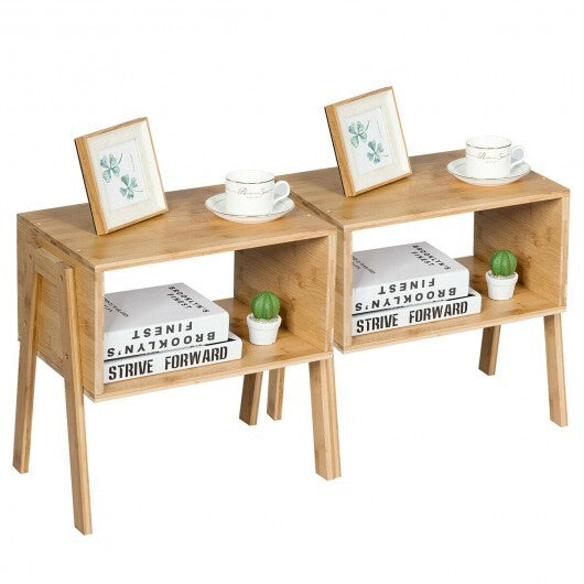 2 Pieces Bamboo Nightstand Sofa Table with Storage Shelf