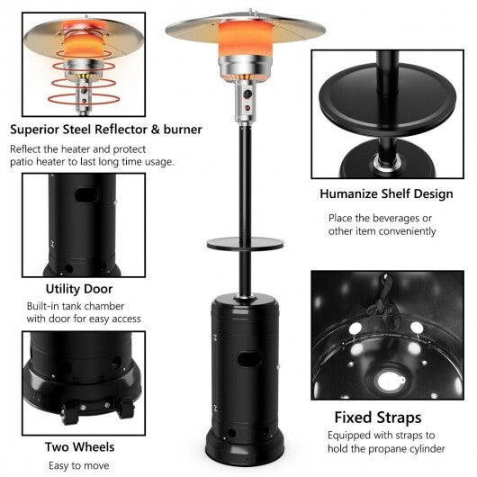 Outdoor Heater Propane Standing LP Gas Steel with Table & Wheels-Gray