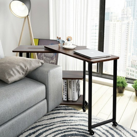 360? Rotating Sofa Side Table with Storage Shelves and Wheels-Rustic Brown