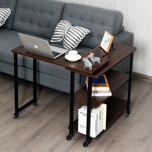 360? Rotating Sofa Side Table with Storage Shelves and Wheels-Rustic Brown