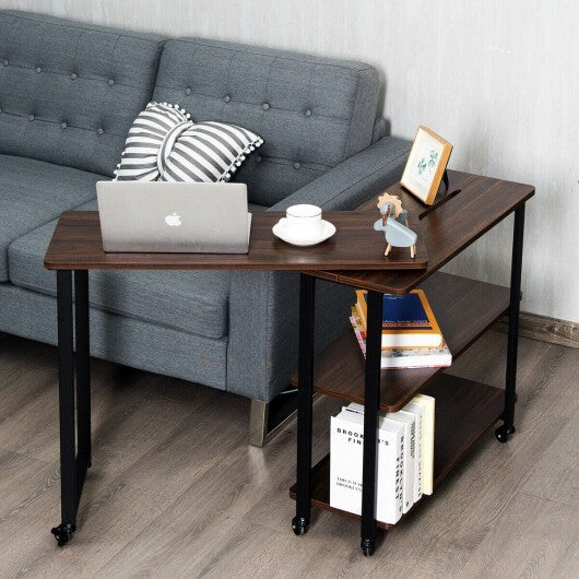 360? Rotating Sofa Side Table with Storage Shelves and Wheels-Rustic Brown