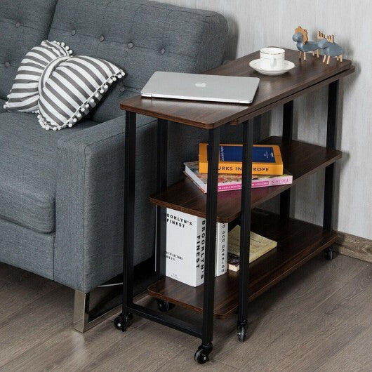 360? Rotating Sofa Side Table with Storage Shelves and Wheels-Rustic Brown