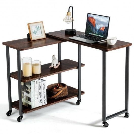 360? Rotating Sofa Side Table with Storage Shelves and Wheels-Rustic Brown