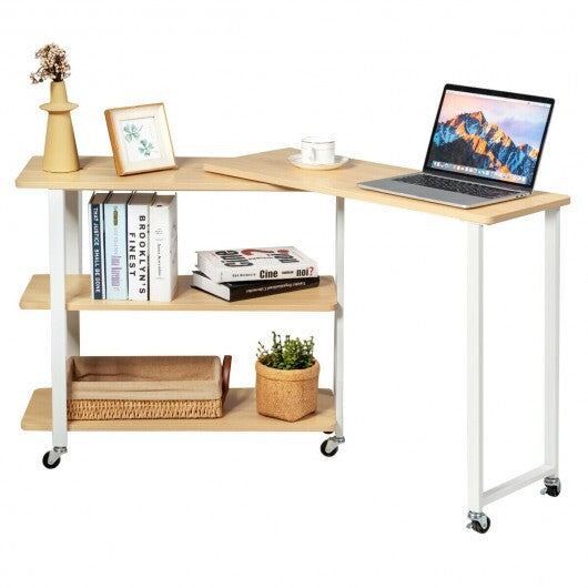 360? Rotating Sofa Side Table with Storage Shelves and Wheels-Rustic Brown