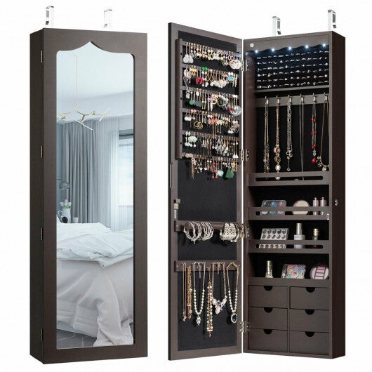 5 LEDs Lockable Mirror Jewelry Cabinet Armoire with 6 Drawers-Brown
