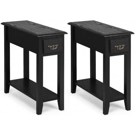 2 Pieces 2 Tier Sofa Side End Table with Drawer and Open Shelf-White