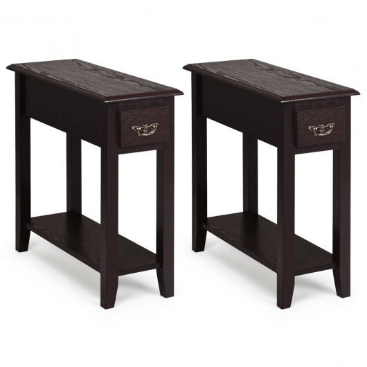 2 Pieces 2 Tier Sofa Side End Table with Drawer and Open Shelf-White