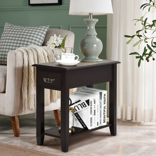 2 Pieces 2 Tier Sofa Side End Table with Drawer and Open Shelf-White