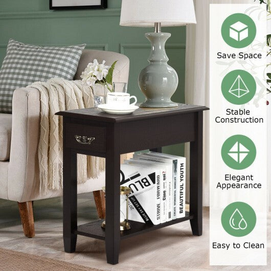 2 Pieces 2 Tier Sofa Side End Table with Drawer and Open Shelf-White