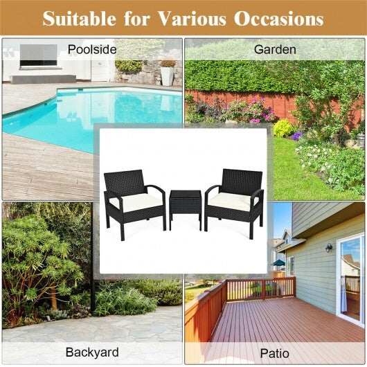 3 Pieces Outdoor Rattan Patio Conversation Set with Seat Cushions-White